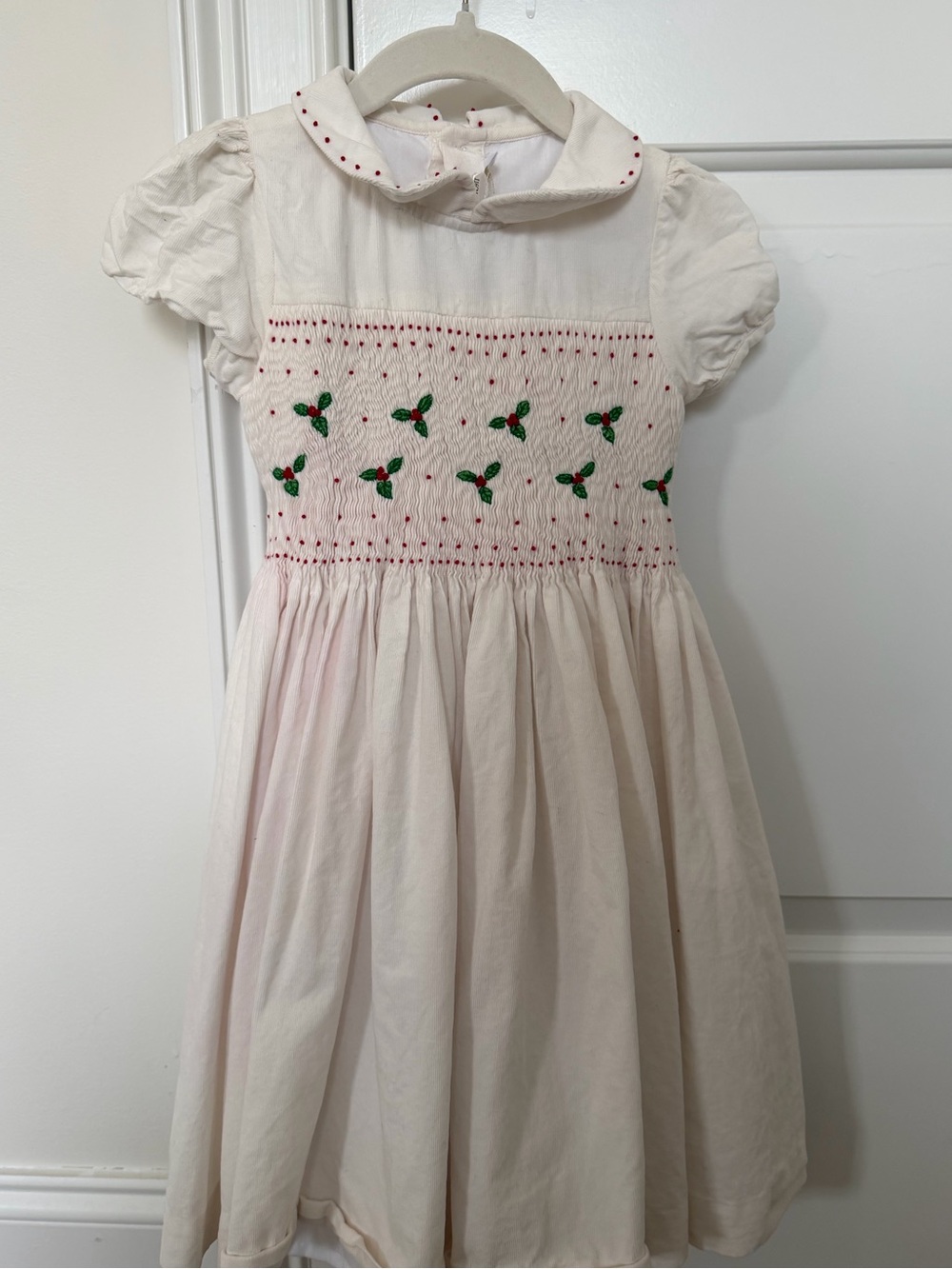 Classic Christmas / Holiday White Smocked Girls Dress w Red & Green Embroidery
